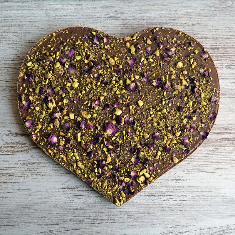 Milk Chocolate Heart with Pistachio and Rose Petals